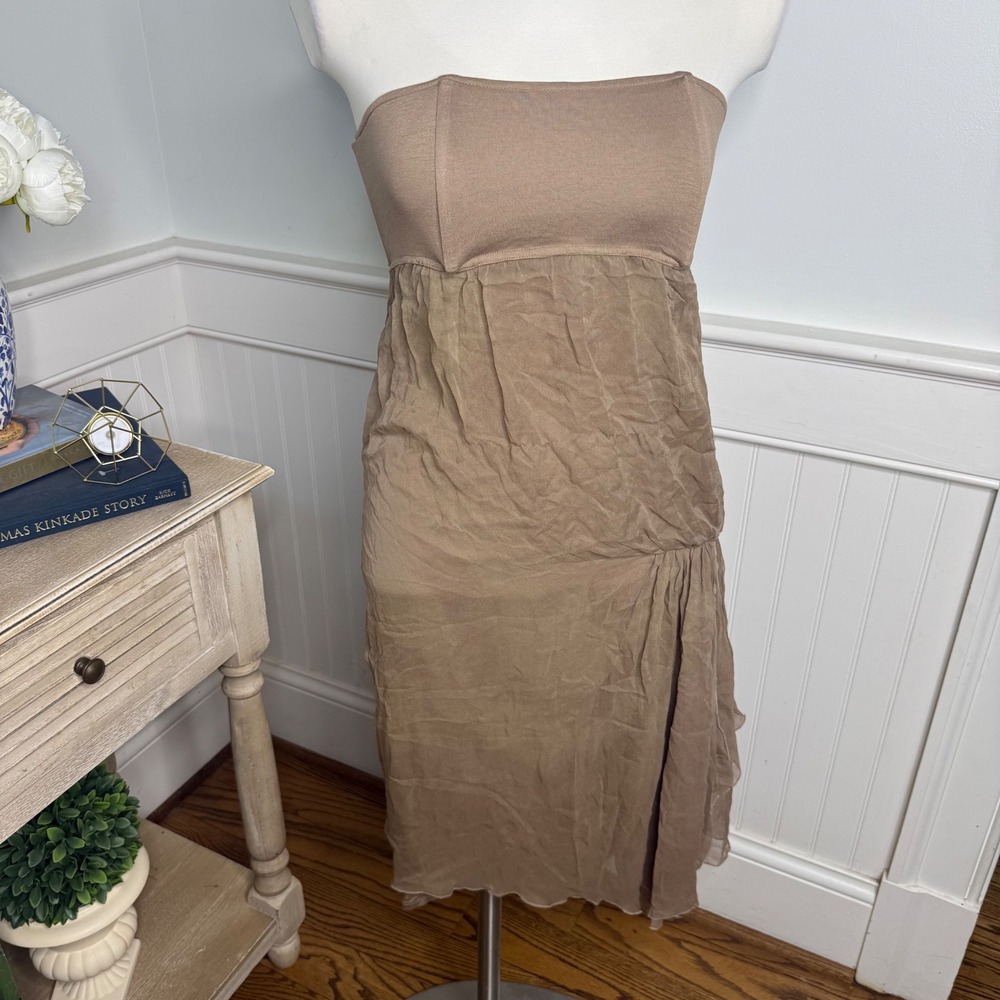 Alice + Olivia Base Strapless Silk Chiffon Open Back Dress Taupe Tan Mini